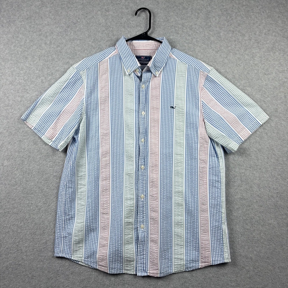 Vineyard Vines Shirt Mens Large Striped Seersucker Classic Whale Button Down